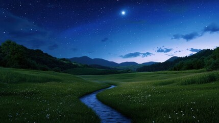 Wall Mural - a beautiful night sky with a river running through a grassy field