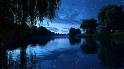 Wall Mural - A serene lake at night with a dark sky and trees in the background