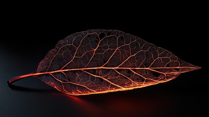 Aufkleber - Translucent leaf with illuminated veins showcasing intricate patterns against a dark background highlighting natural beauty and artistry.