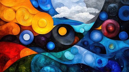 Wall Mural - a painting of a colorful galaxy with a blue sky and a mountain in the background