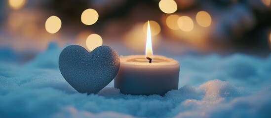Aufkleber - Warm festive ambience with a lit candle snow heart decoration and gentle bokeh lights creating a cozy Christmas atmosphere
