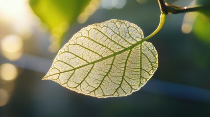 Aufkleber - Delicate transparent leaf illuminated by sunlight showcasing intricate veins against a softly blurred background during the golden hour.