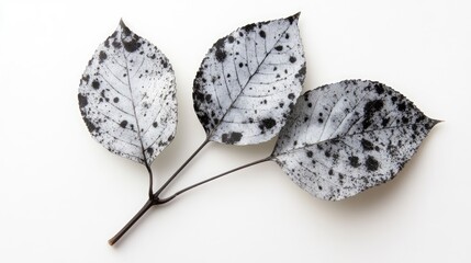 Aufkleber - Black spotted leaves on a white background showcasing unique texture and nature's patterns in a minimalist composition.