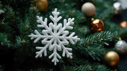 Aufkleber - Decorative Christmas tree adorned with colorful ornaments and a prominent white snowflake against lush green spruce branches winter theme