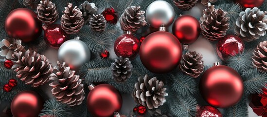 Aufkleber - Festive holiday backdrop with red and silver ornaments and pine cones creating a warm Christmas and New Year atmosphere