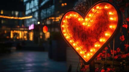 Aufkleber - Glowing heart-shaped light sign illuminating a cozy urban setting with blurred warm background lights.