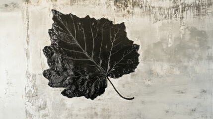 Aufkleber - Textured black and white leaf artwork on abstract gray background showcasing nature's beauty and artistic interpretation