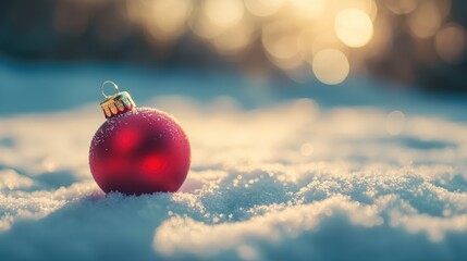 Aufkleber - Christmas ornament red heart on snow with beautiful bokeh background warm tones shallow depth of field festive holiday scene copy space