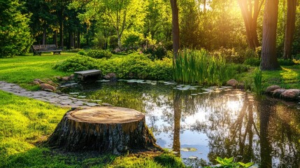 Poster - Serene morning pond landscape with lush vegetation tree stump and natural light in a tranquil park setting