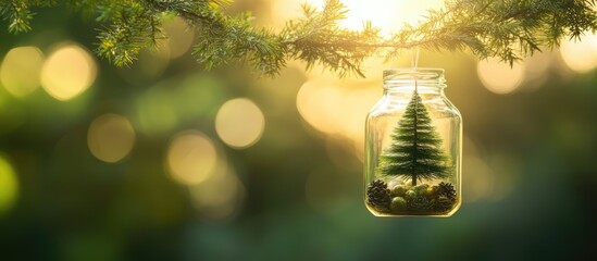 Aufkleber - Festive small Christmas tree in a glass jar suspended from pine branches with bokeh background creating a warm holiday atmosphere