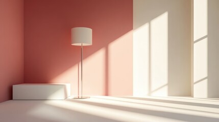 Poster - Stylish empty modern living room interior with soft lighting and minimalistic decor in warm tones