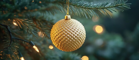 Aufkleber - Golden Christmas ornament hanging on a pine tree branch with warm lights in the background creating a festive holiday atmosphere