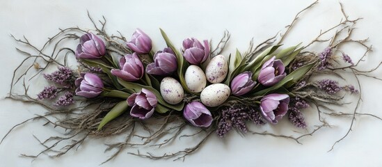 Wall Mural - Easter card design with a bouquet of purple tulips, willow branches, and decorative eggs for seasonal celebrations and greetings