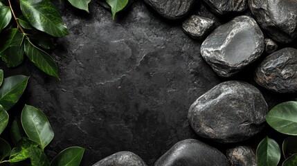 Aufkleber - Natural rocky stones bordered by lush green leaves on a dark background ideal for product branding presentation or mockup space.