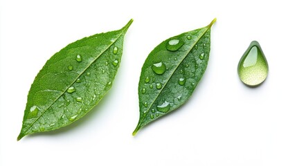 Poster - Close-up of fresh green leaves with water droplets showcasing nature's beauty and purity on a clean white background