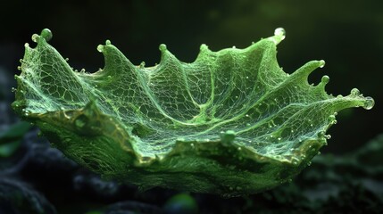 Poster - Translucent green organic structure with intricate textures and droplets on a dark background creating a serene natural atmosphere