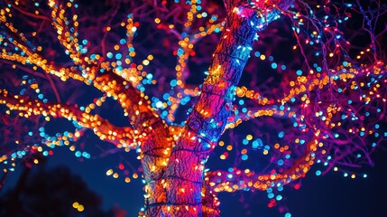 Aufkleber - Colorful illuminated tree adorned with vibrant lights creating a festive atmosphere for New Year celebrations at night