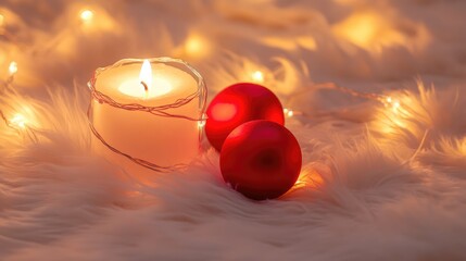 Aufkleber - Warm festive setup with illuminated string lights candle and red ornaments on soft white fur for holiday decoration or cozy ambiance