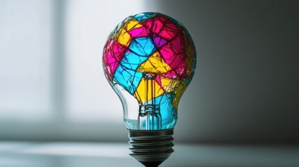 Fototapete - Colorful abstract light bulb design with vibrant shards illuminated against a soft background showcasing creativity and artistic expression