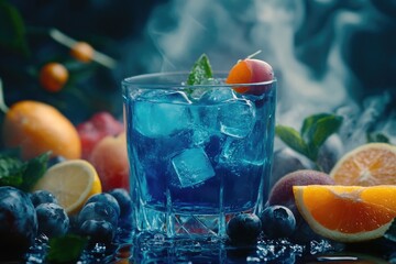 Wall Mural - Glass with blue liquid and fruit