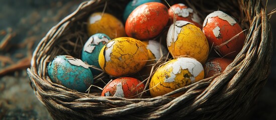 Wall Mural - Easter basket containing cracked colorful eggs showcasing rustic charm and vintage nostalgia in a seasonal setting