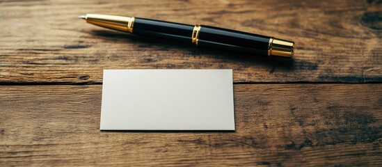 Poster - Luxury pen beside an empty business card on a rustic wooden table for professional branding and elegant communication concepts