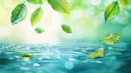 Poster - Leaves gently floating on tranquil water surface creating a serene nature background with soft bokeh and vibrant green hues