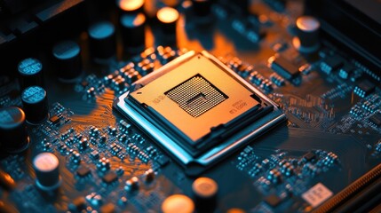 Wall Mural - cpu microprocessor on motherboard with intricate electronic components and warm lighting background 