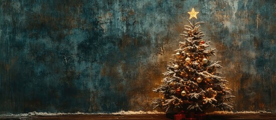 Wall Mural - Christmas tree adorned with ornaments and a star shining against a rustic wooden backdrop creating a cozy holiday atmosphere.