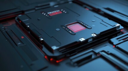Wall Mural - futuristic data backup technology concept with high-tech circuitry and red accents