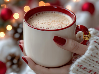 Wall Mural - A white coffee mug with red inside held by feminine hands with painted red nails. There are festive holiday elements. 