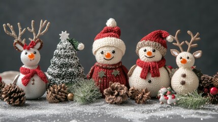 Aufkleber - Festive Christmas decorations featuring knitted snowmen reindeer and a pine tree surrounded by pinecones and glittery snowflakes