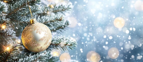 Poster - Golden Christmas ornament on snow-covered spruce branch with falling snowflakes and glowing bokeh lights in a festive winter scene