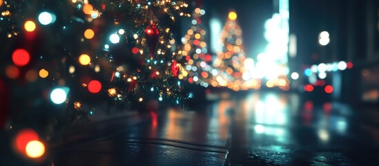 Poster - Joyful Christmas bokeh lights glowing on trees creating a festive and cheerful holiday atmosphere in a city setting at night