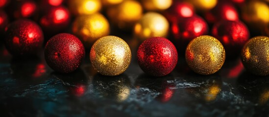 Aufkleber - Close up of vibrant red golden and yellow Christmas ornaments arranged on a dark marble surface for festive holiday decoration concepts