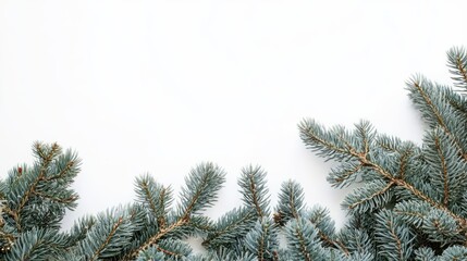 Poster - Green Christmas tree branches creating a cozy border against a clean white background ideal for holiday-themed designs and decorations