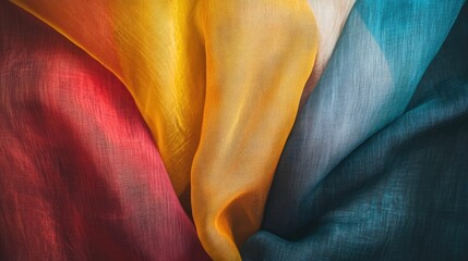 Poster - Colorful sheer fabric folds in vibrant hues of red yellow blue and green creating a visually appealing textile pattern backdrop