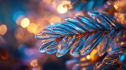 Poster - Closeup of a beautifully decorated Christmas tree branch with shimmering lights and bokeh effect capturing the festive spirit of the season