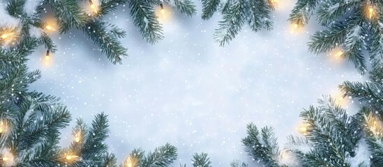 Aufkleber - Festive Christmas backdrop with snowy fir tree branches and glowing ornaments creating a winter wonderland atmosphere