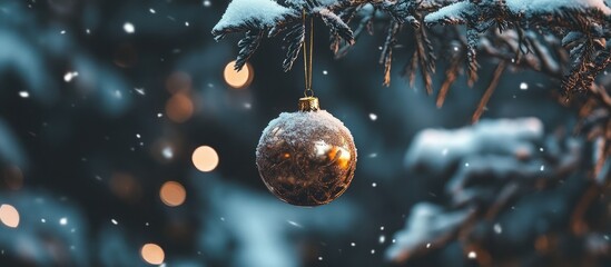 Poster - Snow-covered Christmas ornament hanging from tree branch in winter wonderland ambiance with soft bokeh lights in background.
