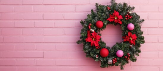 Aufkleber - Festive Christmas wreath adorned with fir branches and colorful ornaments on a pink brick wall creating a cheerful holiday ambiance