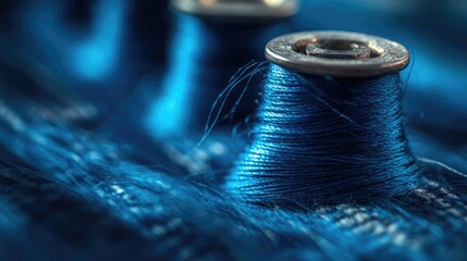 Poster - Closeup of Blue Threads on Spools Showcasing Textures in Textile Design Industry for Fashion and Fabric Production
