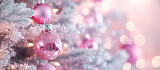 Aufkleber - Decorative close-up of pink Christmas ornaments on a snowy fir tree with warm lights creating a festive and celebratory atmosphere