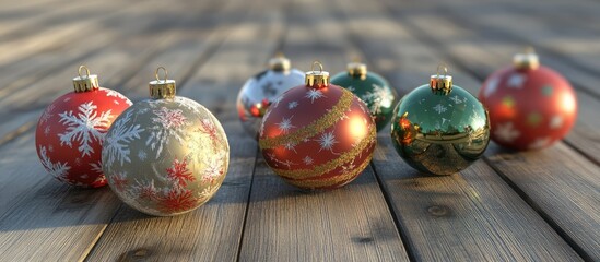 Aufkleber - Festive Christmas ornaments and beautifully wrapped presents on a rustic wooden surface creating a warm holiday atmosphere.