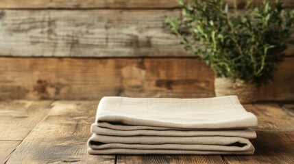 Poster - Folded cloth napkins on rustic wooden table with greenery in background for a cozy dining setting or home decor inspiration