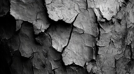 Fototapete - Textured bark with split and rough surface showcasing natural patterns in monochrome tones suitable for backgrounds or artistic displays.