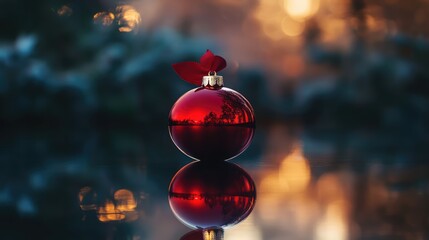 Aufkleber - Reflective Red Christmas Ornament against a Warm Blurred Background