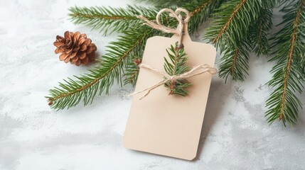Aufkleber - Christmas decoration with blank gift tag surrounded by pine branches and a pine cone on textured background