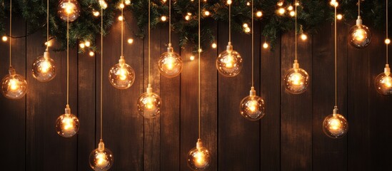 Aufkleber - Hanging Christmas lights in glass orbs on a rustic wooden background creating a warm festive atmosphere for holiday celebrations