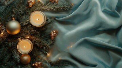 Aufkleber - Christmas tree branches adorned with candles ornaments and glowing lights on soft fabric background for festive holiday decor